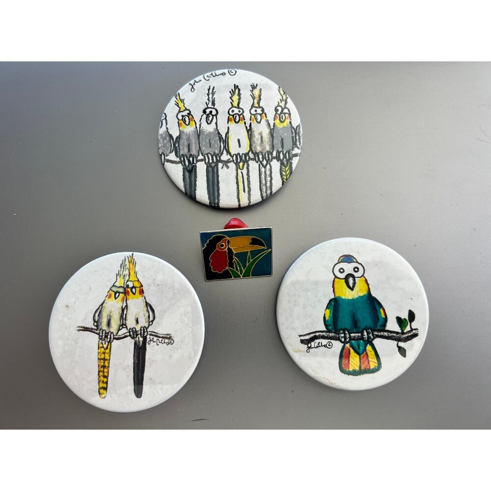 Lot of 4 Vintage Bird Pins; 3 are Artist Drawn and 1 Brass